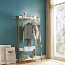 Metal Clothes Rack Open Wardrobe Free Standing With One Drawer Hanging Clothes Rod - White / Gold Metal
