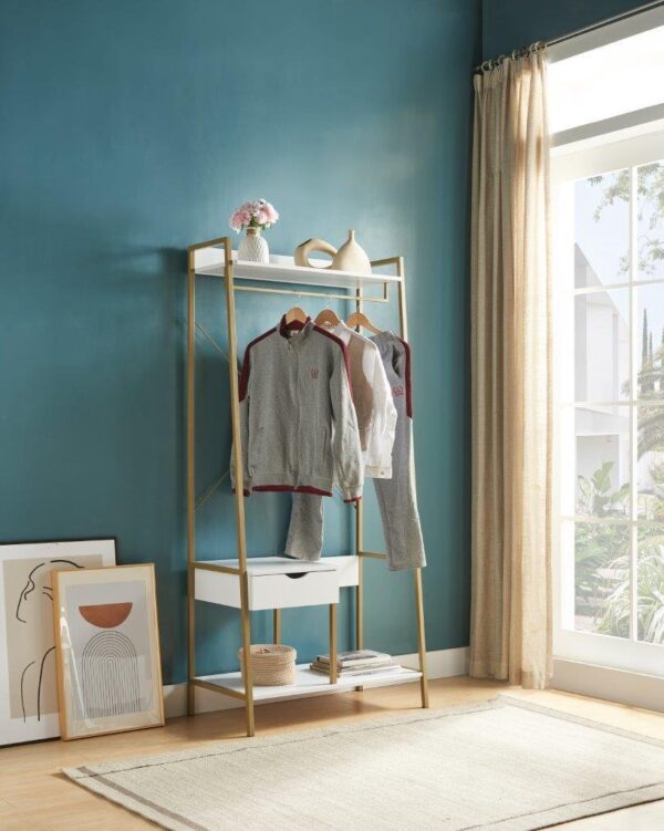 Metal Clothes Rack Open Wardrobe Free Standing With One Drawer Hanging Clothes Rod - White / Gold Metal