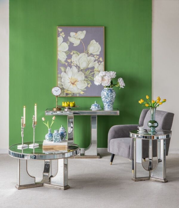 Round Side Table With Elegant Foral Design And Mirrored - Silver Multi