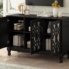 Modern Mirrored TV Stand For TV Up To 55", Entertainment Center Solid Wood Legs, Metal Handle And 3 Adjustable Shelves For Living Room - Black - Image 7