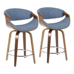 Curvini - Mid-Century Modern Counter Stool (Set of 2) - Walnut / Blue
