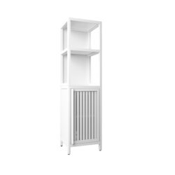 Bamboo Storage Cabinet With Tall Linen Tower, Multi Functional For Bathroom And Living Spaces - White