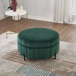 Upholstered Round Ottoman With Reversible Lid, Velvet Storage Stool, Channel Tufted Pumpkin Shape Footstool For Living Room, Bedroom And Office - Green