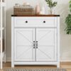 Farmhouse Storage Cabinet With Drawer And Adjustable Shelf Kitchen Cabinet With Walnut Countertop, Modern Coffee Bar Console Cabinet For Kitchen, Dining Room, Bathroom, Entryway - White - Image 2