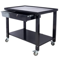 Transmission Teardown Work Station 1 / 2 Ton Capacity Sloping Drain Table Locking Drawer Removable Drain Basin Full-Width Lower Shelf Four Caster Wheels - Black