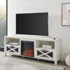 Industrial Farmhouse Metal Mesh Drop Down X Door 70" Fireplace TV Stand For 80" TVs - Brushed White - Image 5