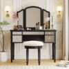 Dressing Table Set With Mirrored Drawers And Stool, Tri-Fold Mirror, Makeup Vanity Set For Bedroom - Black - Image 3