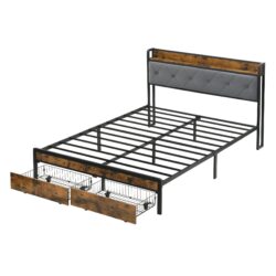 Modern Full Bed Frame With LED Lights, Upholstered Headboard, Storage Drawers, USB Charging - Brown / Gray