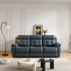 Genuine Leather Non-Power Reclining Sofa With Drop Down Table, Stainless Steel Cupholders And Magazine Bag - Blue