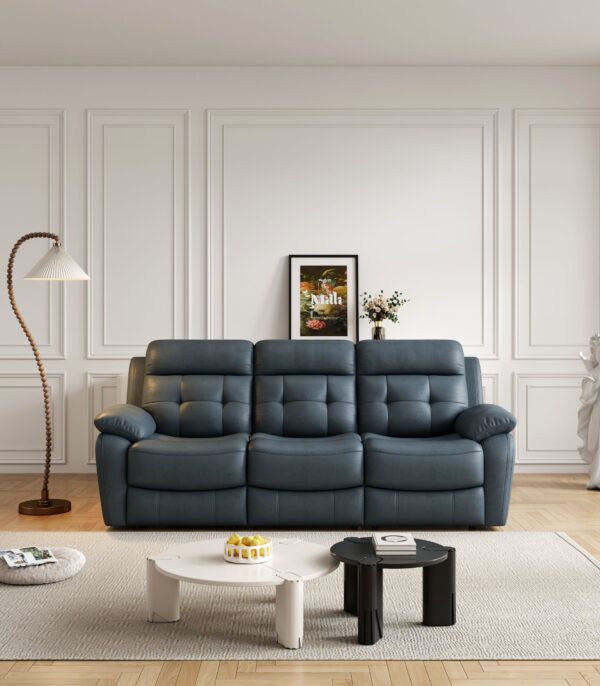 Genuine Leather Non-Power Reclining Sofa With Drop Down Table, Stainless Steel Cupholders And Magazine Bag - Blue