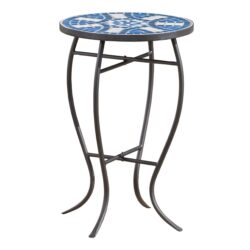 Outdoor Round Side Table With Mosaic Style Top And Curved Iron Legs - Blue / Matte Black