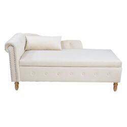 Chaise Lounge Indoor, Velvet Lounge Chair For Bedroom With Storage & Pillow, Modern Upholstered Rolled Arm Chase Lounge For Sleeping With Nailhead Trim For Living Room Bedroom Office - Beige