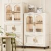Side Wide Folding Wardrobe, With Magnetic Door, Plastic Storage Cabinet With Wheels (1 Layer Of Wardrobe + 2 Layers Of Folding Boxes + 10 Hangers) - Cream White - Image 15