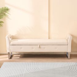 Wide Storage Soft Ottoman Bench With Armrests, Footrest Bed End Stool For Living Room, Dorm, Entryway And Bedroom - Beige - Beige