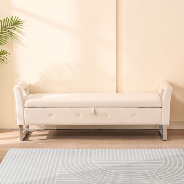 Wide Storage Soft Ottoman Bench With Armrests, Footrest Bed End Stool For Living Room, Dorm, Entryway And Bedroom - Beige - Beige