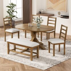Topmax - 6 Piece Farmhouse Extendable Pedestal Dining Table Set With Removable Leaf, Bench And 4 Ladder Back Dining Chairs - Dark Brown