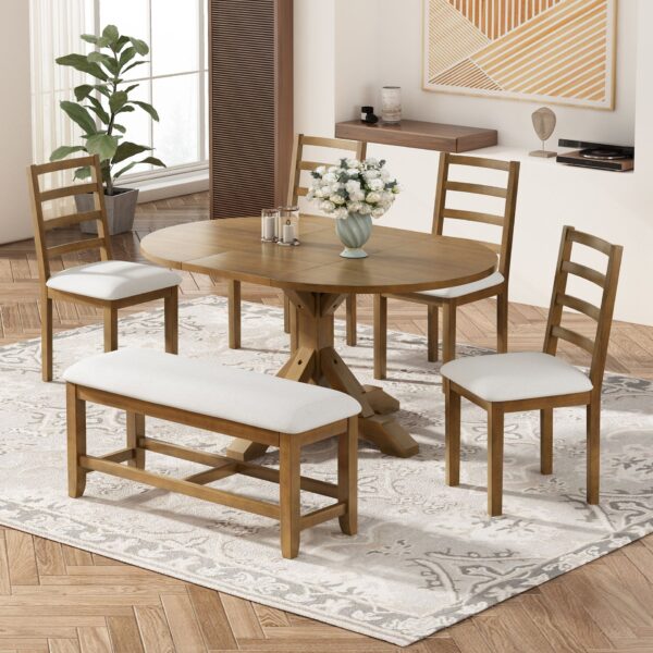 Topmax - 6 Piece Farmhouse Extendable Pedestal Dining Table Set With Removable Leaf, Bench And 4 Ladder Back Dining Chairs - Dark Brown