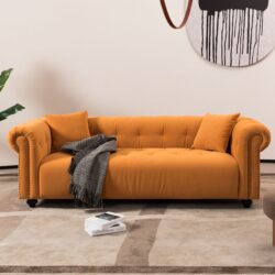 Retro Medieval Style Sofa With Roll Arms And Throw Pillows - Orange