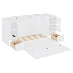 Full Size Murphy Bed With Drawers, Cabinets And USB Ports - White