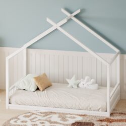 Twin Size Montessori Style House Bed For Kids, Floor Bed Frame With Headboard And Footboard, Fence Bed For Girls, Boys, Slat Not Included - White