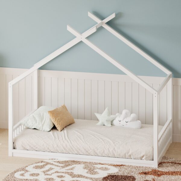 Twin Size Montessori Style House Bed For Kids, Floor Bed Frame With Headboard And Footboard, Fence Bed For Girls, Boys, Slat Not Included - White