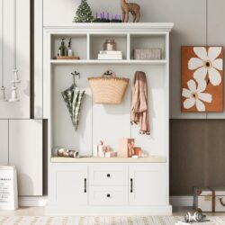 Hall Tree With 3 Hooks, Coat Hanger, Entryway Bench, Storage Bench, 3 In 1 Design, For Entrance, Hallway White - White