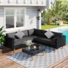 4 Pieces Outdoor Wicker Sofa Set, Patio Furniture With Colorful Pillows, L-Shape Sofa Set - Gray / Black - Image 2