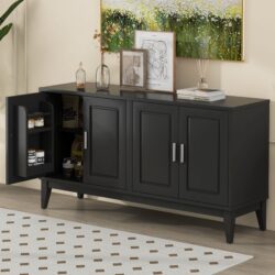 4 Door Sideboard Storage Cabinet With Door Shelf For Living Room And Dining Room, 2 Large Cabinets With Adjustable Shelf - Black