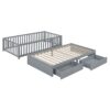 Twin Size Daybed With Fence Guardrails And 2 Drawers, Split Into Independent Floor Bed & Daybed - Gray - Image 4