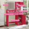 Vanity Desk With Mirror And LED Light Strip, Dressing Table With Large Drawer, 3 Level Storage Dresser & 3 Lighting Modes Adjustable Brightness, Suitable For Bedroom - Rose Pink - Image 4
