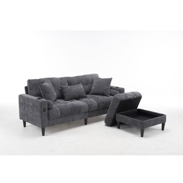 3 Seat L-Shaped Chenille Sofa With Removable And Storage Ottoman, Side Storage, And USB / C - Type Charging Ports Sofa For Living Room, Bedroom, Apartment - Antique Dark Gray