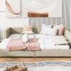 Queen & Twin Long Size Upholstered Platform Bed, Mother & Child Bed - Beige - Image 22