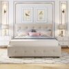 Queen Size Upholstered Platform Bed With 2 Drawers And 1 Twin Long Trundle - Dark Beige - Image 22