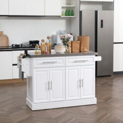 Homcom - Rolling Kitchen Island With Storage, Portable Kitchen Cart With Stainless Steel Top, 2 Drawers, Spice, Knife And Towel Rack And Cabinets - White