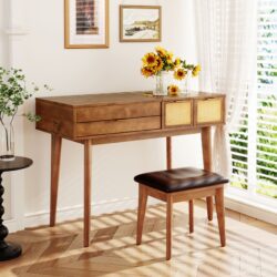Classic Wood Makeup Vanity Set With Flip-Top Mirror And Stool, Dressing Table With Three Drawers And Storage Space - Brown