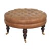Buffalo - Leather Round Ottoman With Castor Legs - Brown - Image 4