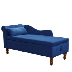 Chaise Lounge Indoor, Velvet Lounge Chair For Bedroom With Storage & Pillow, Modern Upholstered Rolled Arm Chase Lounge For Sleeping With Nailhead Trim For Living Room Bedroom Office - Navy Blue