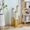 Modern Droplet Shaped Floor Vase Set Honeycomb Design, 3 Piece Metal Decorative Vases For Home Interior Display - Gold / White - Image 14