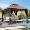 Outdoor 11X 11Ft Pop Up Gazebo Canopy With Removable Zipper Netting, 2 Tier Soft Top Event Tent, Suitable For Patio Backyard Garden Camping Area With 4 Sandbags - Brown - Image 2