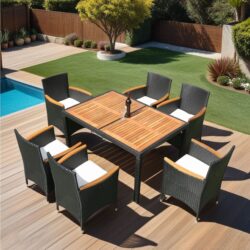 7 Piece Outdoor Patio Wicker Dining Set Patio Wicker Furniture Dining Set - Black / Cream