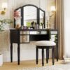 Dressing Table Set With Mirrored Drawers And Stool, Tri-Fold Mirror, Makeup Vanity Set For Bedroom - Black - Image 4