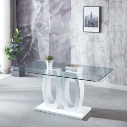 Contemporary Double Pedestal Dining Table, Tempered Glass Top With Base - White