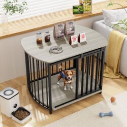 Furniture Style Dog Crate For Small And Medium Dogs, Wooden Cage Indoor Kennel Furniture, Modern Dog Crate End Table With Double Doors - Gray