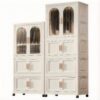 Side Wide Folding Wardrobe, With Magnetic Door, Plastic Storage Cabinet With Wheels (1 Layer Of Wardrobe + 2 Layers Of Folding Boxes + 10 Hangers) - Cream White - Image 14