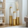 Modern Droplet Shaped Floor Vase Set Honeycomb Design, 3 Piece Metal Decorative Vases For Home Interior Display - Gold / White - Image 23