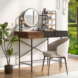 Makeup Vanity Desk With 3-Mode Lighted Mirror & Wireless Charging Station, Vanity Table With Drawer & 3 Open Shelves For Ample Storage Space, Dressing Table For Bedroom - Black