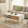 41.34" Rattan Coffee Table, Sliding Door For Storage, Solid Wood Legs, Modern Table For Living Room - White - Image 16