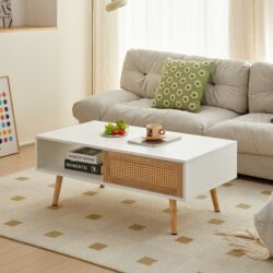 41.34" Rattan Coffee Table, Sliding Door For Storage, Solid Wood Legs, Modern Table For Living Room - White