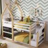 Twin Over Twin House Bunk Bed With White Storage Staircase And 2 Blackboards - White / Natural - Image 13