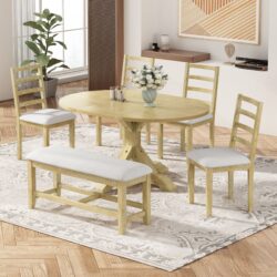Topmax - 6 Piece Farmhouse Extendable Pedestal Dining Table Set With 18Inch Removable Leaf, Bench And 4 Ladder Back Dining Chairs - Natural